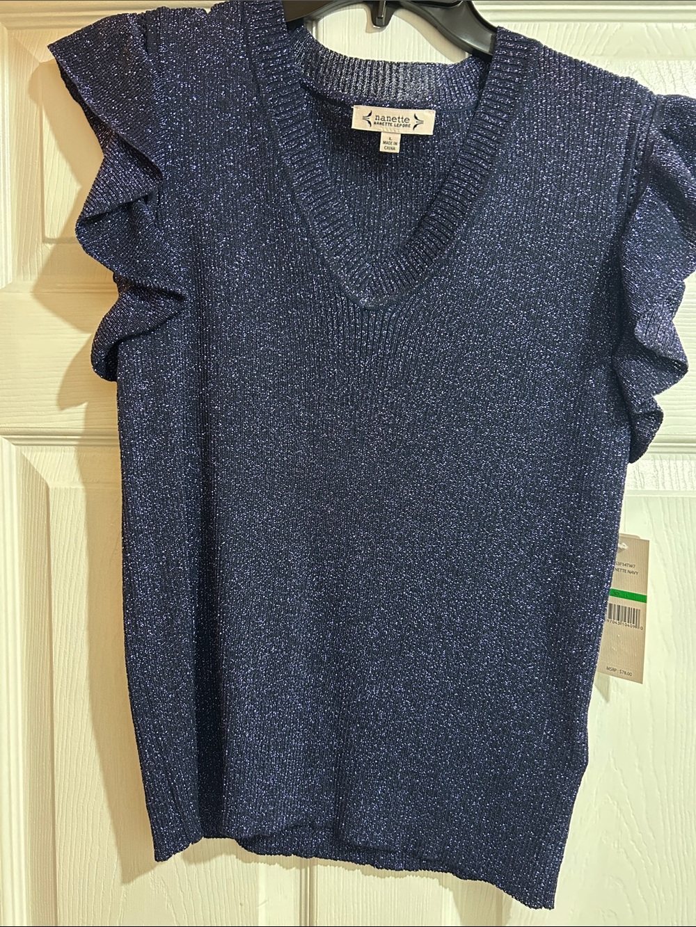 Nanette Lepore Navy Sparkle Ruffle-Sleeve V-Neck Knit Top